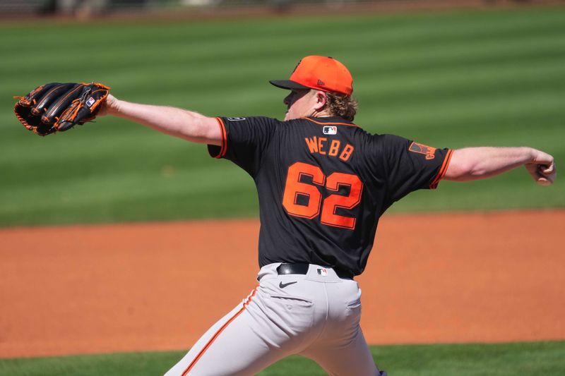 Mar 11, 2024; Surprise, Arizona, USA; San Francisco Giants starting pitcher Logan Webb (62) pitches against the Kansas City Royals during the first inning at Surprise Stadium. Mandatory Credit: Joe Camporeale-USA TODAY Sports