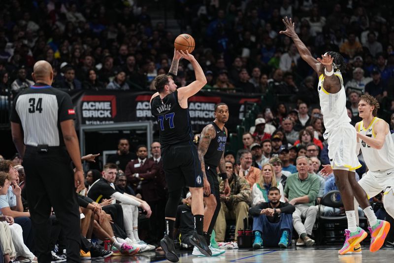 DALLAS, TX - MARCH 21: Luka Doncic #77 of the Dallas Mavericks shoots a three point basket against the Utah Jazz on March 21, 2024 at the American Airlines Center in Dallas, Texas. NOTE TO USER: User expressly acknowledges and agrees that, by downloading and or using this photograph, User is consenting to the terms and conditions of the Getty Images License Agreement. Mandatory Copyright Notice: Copyright 2024 NBAE (Photo by Glenn James/NBAE via Getty Images)