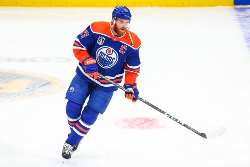 Jun 15, 2024; Edmonton, Alberta, CAN; Edmonton Oilers center Connor McDavid (97) skates during the warmup period against the Florida Panthers in game four of the 2024 Stanley Cup Final at Rogers Place. Mandatory Credit: Sergei Belski-USA TODAY Sports