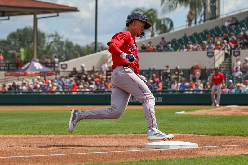 Feb 27, 2025; Lakeland, Florida, USA; Boston Red Sox second baseman Kristian Campbell (28) rounds third during the first inning against the Detroit Tigers at Publix Field at Joker Marchant Stadium. Mandatory Credit: Mike Watters-Imagn Images