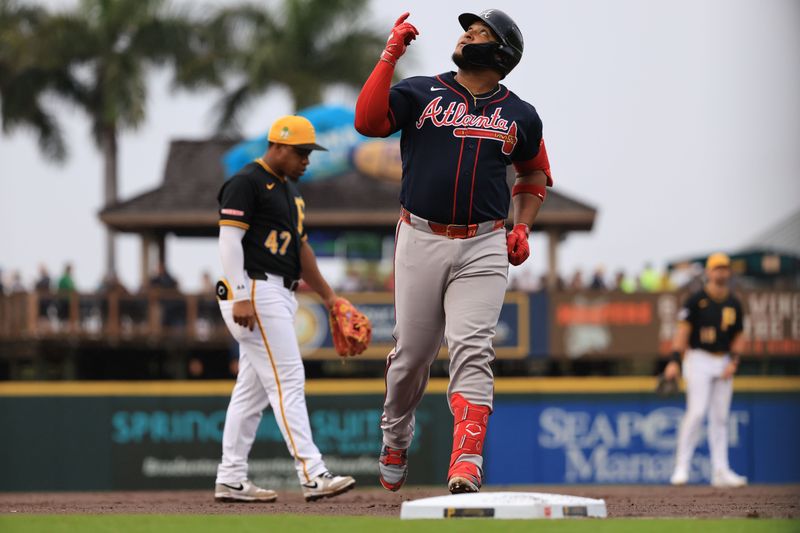 Mar 12, 2026; Bradenton, Florida, USA; Atlanta Braves designated hitter Jair Camargo (73) reacts after hitting a home run during the third inning against the Pittsburgh Pirates  at LECOM Park. Mandatory Credit: Kim Klement Neitzel-Imagn Images