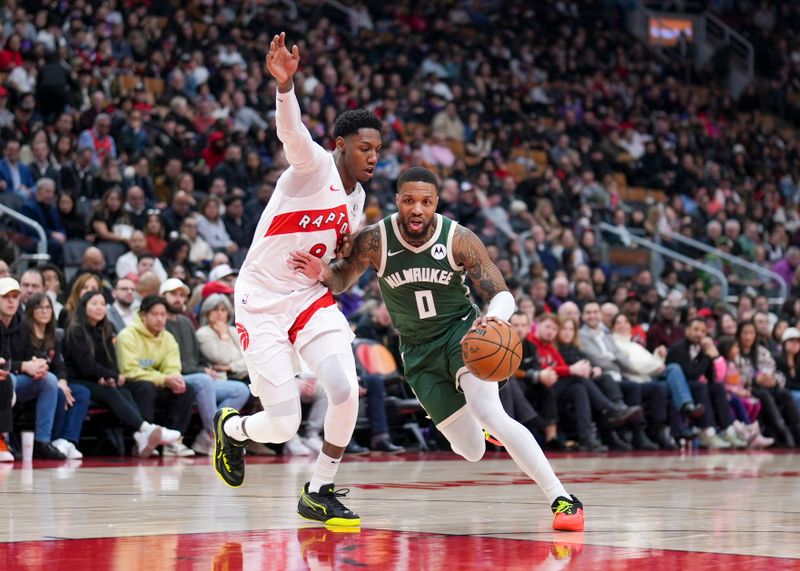 TORONTO, ON - JANUARY 6: Damian Lillard #0 of the Milwaukee Bucks moves the ball against RJ Barrett #9 of the Toronto Raptors at the Scotiabank Arena on January 6, 2025 in Toronto, Ontario, Canada. NOTE TO USER: User expressly acknowledges and agrees that, by downloading and/or using this Photograph, user is consenting to the terms and conditions of the Getty Images License Agreement. (Photo by Kevin Sousa/Getty Images)