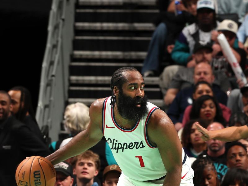 CHARLOTTE, NC - JANUARY 31: James Harden #1 of the LA Clippers dribbles the ball during the game against the Charlotte Hornets  on January 31, 2025 at Spectrum Center in Charlotte, North Carolina. NOTE TO USER: User expressly acknowledges and agrees that, by downloading and or using this photograph, User is consenting to the terms and conditions of the Getty Images License Agreement. Mandatory Copyright Notice: Copyright 2025 NBAE (Photo by Kent Smith/NBAE via Getty Images)