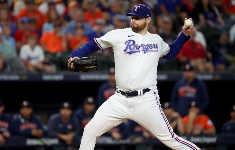 Oct 20, 2023; Arlington, Texas, USA; Texas Rangers pitcher Jordan Montgomery (52) throws during the first inning of game five in the ALCS against the Houston Astros for the 2023 MLB playoffs at Globe Life Field. Mandatory Credit: Kevin Jairaj-USA TODAY Sports