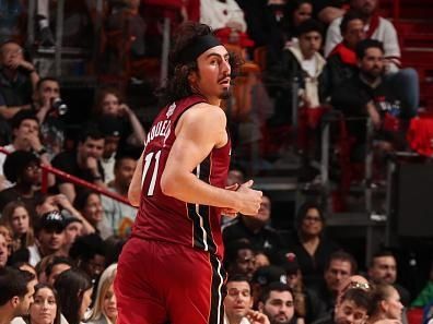 MIAMI, FL - DECEMBER 25:  Jaime Jaquez Jr. #11 of the Miami Heat looks on during the game on December 25, 2023 at Kaseya Center Arena in Miami, Florida. NOTE TO USER: User expressly acknowledges and agrees that, by downloading and or using this Photograph, user is consenting to the terms and conditions of the Getty Images License Agreement. Mandatory Copyright Notice: Copyright 2023 NBAE (Photo by Issac Baldizon/NBAE via Getty Images)