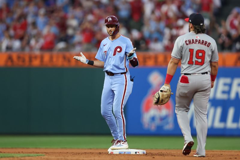 Aug 15, 2024; Philadelphia, Pennsylvania, USA; Philadelphia Phillies shortstop Trea Turner (7) reacts after hitting a two RBI double during the fourth inning against the Washington Nationals at Citizens Bank Park. Mandatory Credit: Bill Streicher-USA TODAY Sports