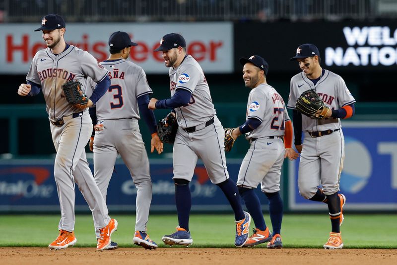 Apr 19, 2024; Washington, District of Columbia, USA; Houston Astros players celebrate after their game against the Washington Nationals at Nationals Park. Mandatory Credit: Geoff Burke-USA TODAY Sports