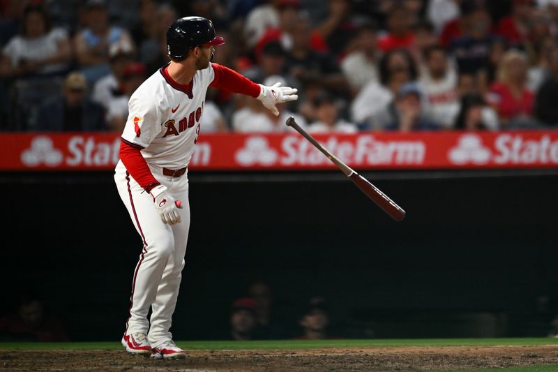 Jul 27, 2024; Anaheim, California, USA; Los Angeles Angels outfielder Taylor Ward (3) walks against the Oakland Athletics during the sixth inning at Angel Stadium. Mandatory Credit: Jonathan Hui-USA TODAY Sports