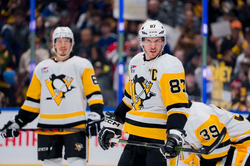 Feb 27, 2024; Vancouver, British Columbia, CAN; Pittsburgh Penguins forward Sidney Crosby (87) rests during warm up prior to a game against the Vancouver Canucks at Rogers Arena. Mandatory Credit: Bob Frid-USA TODAY Sports