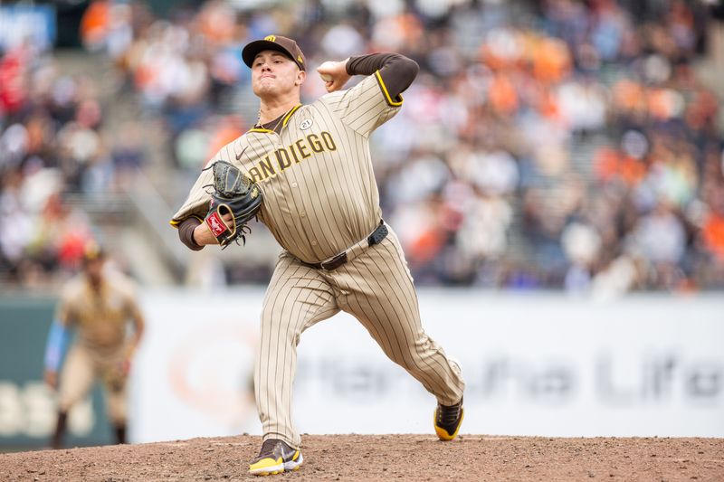Sep 15, 2024; San Francisco, California, USA; San Diego Padres pitcher Adrian Morejon (50) throws a pitch during the tenth inning against the San Francisco Giants at Oracle Park. Mandatory Credit: Bob Kupbens-Imagn Images