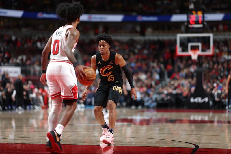 CHICAGO, IL - FEBRUARY 28: Isaac Okoro #35 of the Cleveland Cavaliers plays defense during the game against the Chicago Bulls on February 28, 2024 at United Center in Chicago, Illinois. NOTE TO USER: User expressly acknowledges and agrees that, by downloading and or using this photograph, User is consenting to the terms and conditions of the Getty Images License Agreement. Mandatory Copyright Notice: Copyright 2024 NBAE (Photo by Jeff Haynes/NBAE via Getty Images)