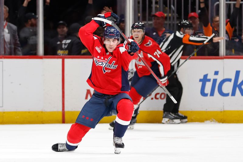 Nov 22, 2023; Washington, District of Columbia, USA; Washington Capitals center Dylan Strome (17) celebrates after scoring the game winning goal in overtime against the Buffalo Sabres at Capital One Arena. Mandatory Credit: Geoff Burke-USA TODAY Sports