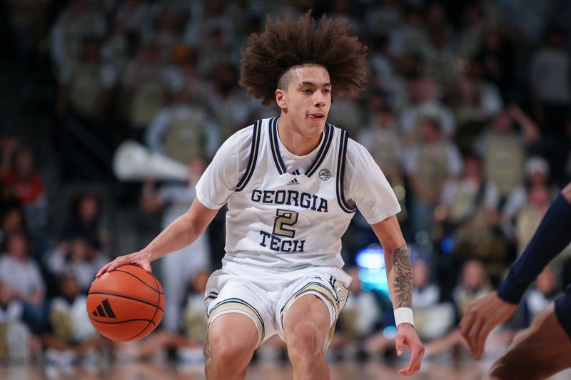 Jan 20, 2024; Atlanta, Georgia, USA; Georgia Tech Yellow Jackets guard Naithan George (2) dribbles against the Virginia Cavaliers in the second half at McCamish Pavilion. Mandatory Credit: Brett Davis-USA TODAY Sports
