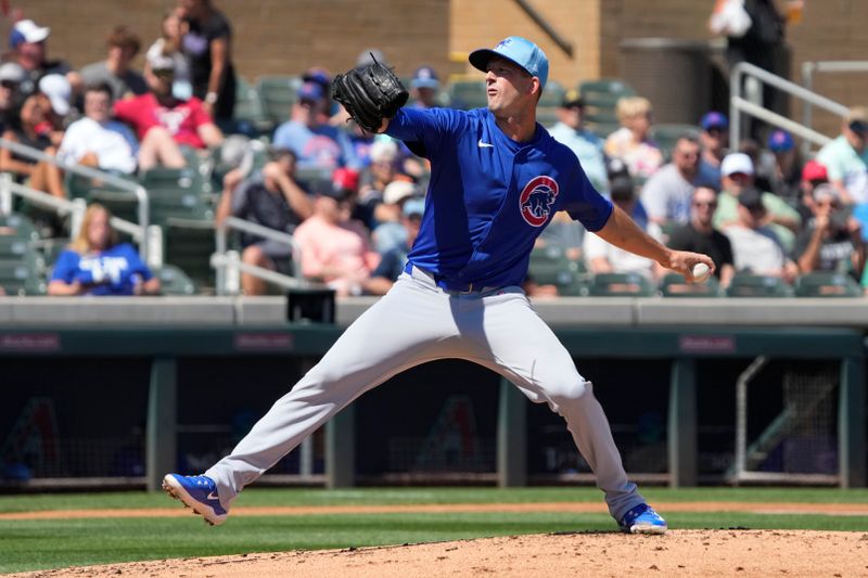 Mar 21, 2024; Salt River Pima-Maricopa, Arizona, USA; Chicago Cubs starting pitcher Drew Smyly (11) pitches against the Colorado Rockies in the second inning at Salt River Fields at Talking Stick. Mandatory Credit: Rick Scuteri-USA TODAY Sports