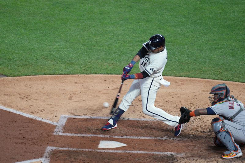 Oct 11, 2023; Minneapolis, Minnesota, USA; Minnesota Twins second baseman Jorge Polanco (11) grounds out in the third inning against the Houston Astros during game four of the ALDS for the 2023 MLB playoffs at Target Field. Mandatory Credit: Matt Blewett-USA TODAY Sports