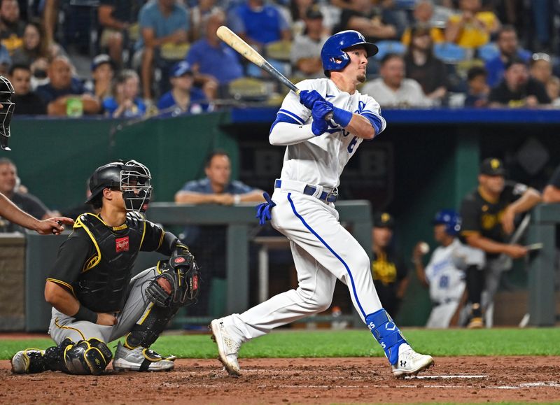 Aug 28, 2023; Kansas City, Missouri, USA;  Kansas City Royals designated hitter Drew Waters (6) singles in the second inning against the Pittsburgh Pirates at Kauffman Stadium. Mandatory Credit: Peter Aiken-USA TODAY Sports