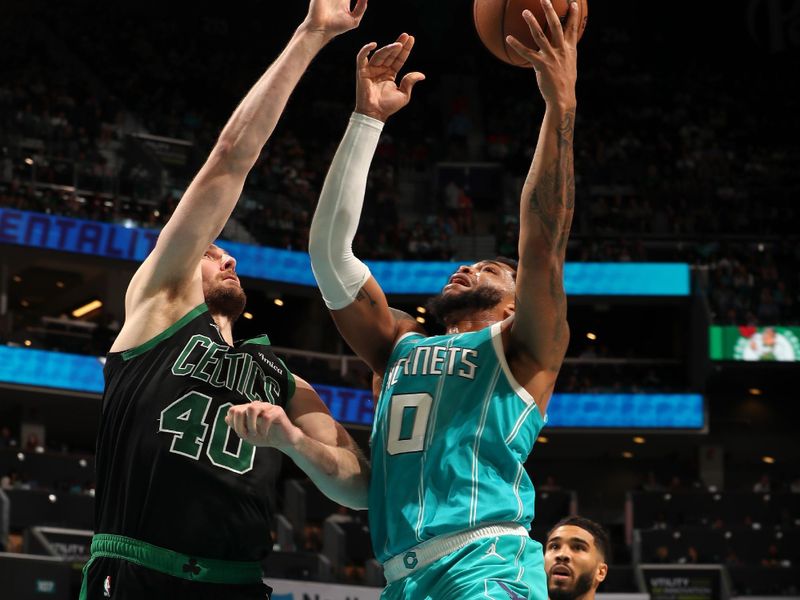CHARLOTTE, NC - NOVEMBER 2: Miles Bridges #0 of the Charlotte Hornets drives to the basket during the game against the Boston Celtics on November 2, 2024 at Spectrum Center in Charlotte, North Carolina. NOTE TO USER: User expressly acknowledges and agrees that, by downloading and or using this photograph, User is consenting to the terms and conditions of the Getty Images License Agreement. Mandatory Copyright Notice: Copyright 2024 NBAE (Photo by Kent Smith/NBAE via Getty Images)