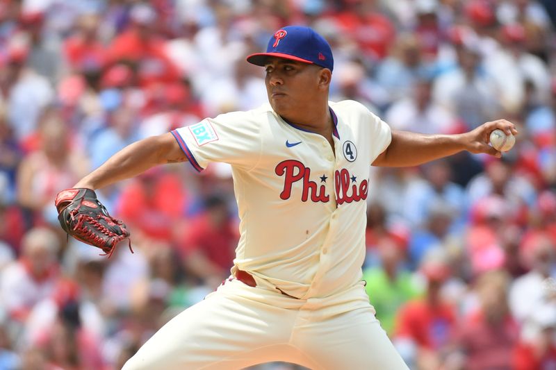 Jun 1, 2025; Philadelphia, Pennsylvania, USA;  Philadelphia Phillies pitcher Ranger Suárez (55) throws a pitch during the second inning against the Milwaukee Brewers at Citizens Bank Park. Mandatory Credit: Eric Hartline-Imagn Images