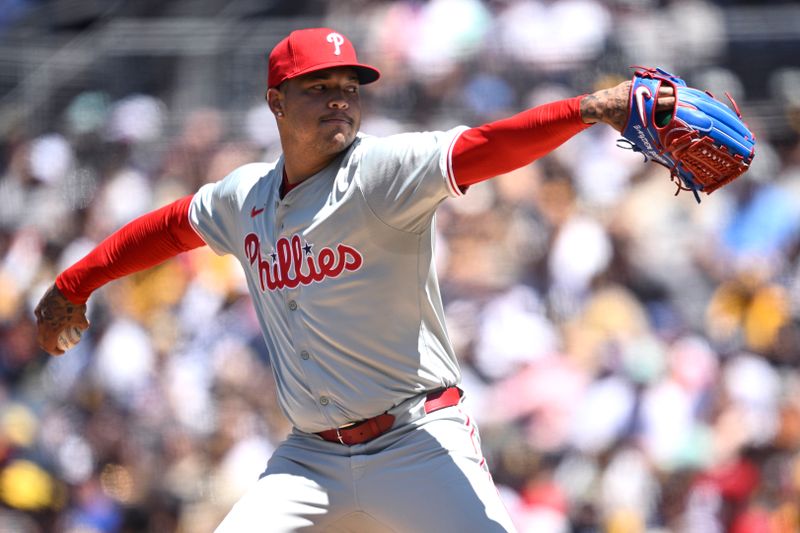 Apr 28, 2024; San Diego, California, USA; Philadelphia Phillies starting pitcher Taijuan Walker (99) throws a pitch against the San Diego Padres during the first inning at Petco Park. Mandatory Credit: Orlando Ramirez-USA TODAY Sports