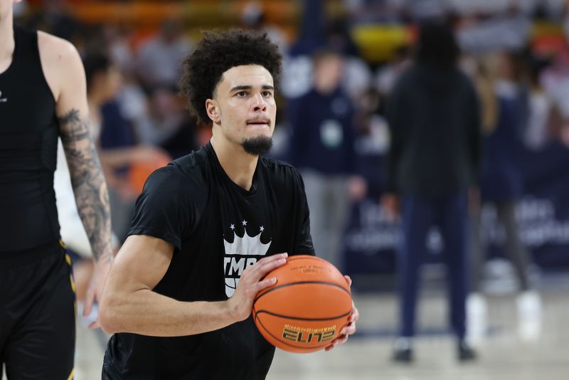 Jan 30, 2024; Logan, Utah, USA; San Jose State Spartans forward Trey Anderson (15) warms up before the game against the Utah State Aggies at Dee Glen Smith Spectrum. Mandatory Credit: Rob Gray-USA TODAY Sports