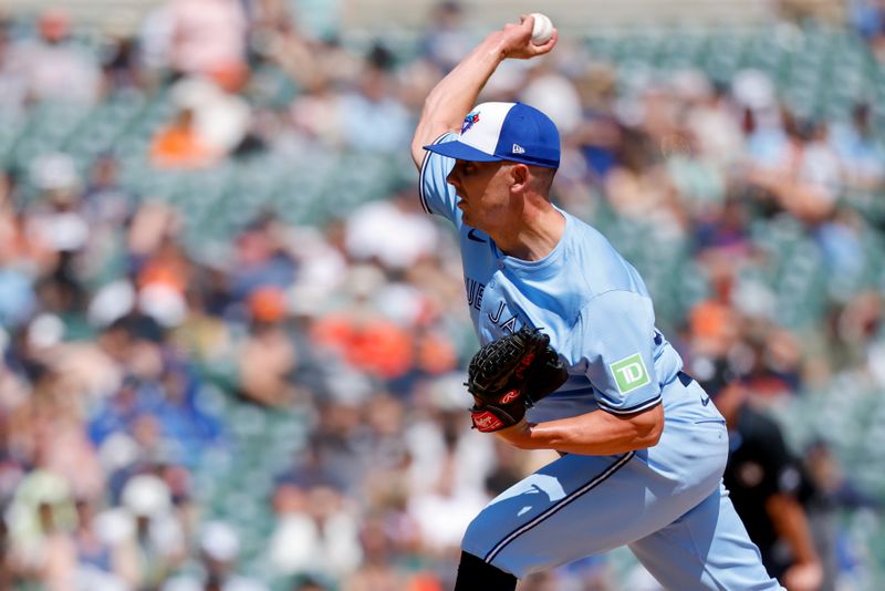 Jul 27, 2025; Detroit, Michigan, USA;  Toronto Blue Jays pitcher Chad Green (57) pitches in the eighth inning against the Detroit Tigers at Comerica Park. Mandatory Credit: Rick Osentoski-Imagn Images