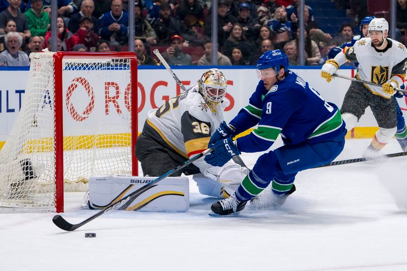 Apr 8, 2024; Vancouver, British Columbia, CAN; Vegas Golden Knights goalie Logan Thompson (36) watches Vancouver Canucks forward J.T. Miller (9) handle the puck in the first period  at Rogers Arena. Mandatory Credit: Bob Frid-USA TODAY Sports