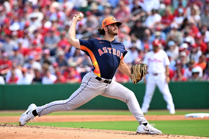 Mar 8, 2024; Clearwater, Florida, USA; Houston Astros pitcher Spencer Arrighetti (75) throws a pitch in the first inning of the spring training game against the Philadelphia Phillies at BayCare Ballpark. Mandatory Credit: Jonathan Dyer-USA TODAY Sports