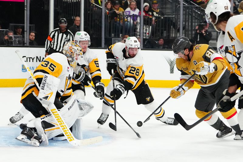 Jan 20, 2024; Las Vegas, Nevada, USA; Vegas Golden Knights right wing Jonathan Marchessault (81) scores a goal against Pittsburgh Penguins goaltender Tristan Jarry (35) during the third period at T-Mobile Arena. Mandatory Credit: Stephen R. Sylvanie-USA TODAY Sports