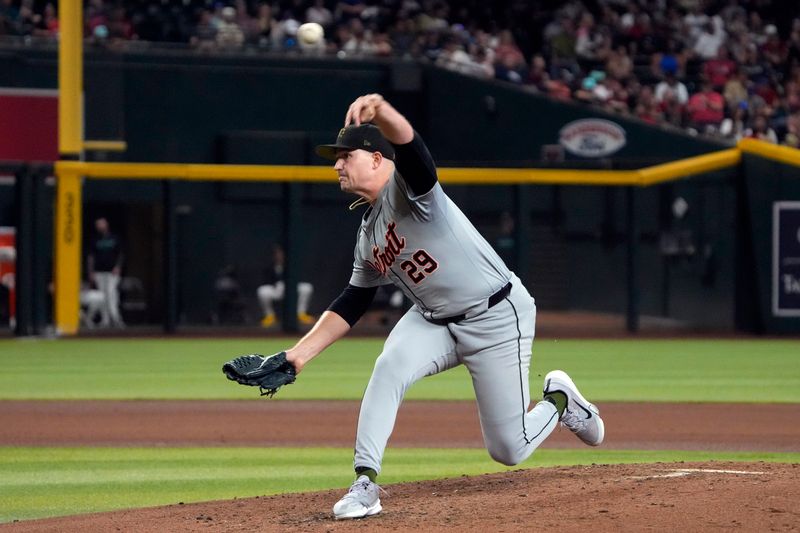 May 17, 2024; Phoenix, Arizona, USA; Detroit Tigers pitcher Tarik Skubal (29) throws against the Arizona Diamondbacks in the fourth inning at Chase Field. Mandatory Credit: Rick Scuteri-USA TODAY Sports