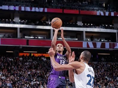 SACRAMENTO, CA - DECEMBER 23: Keegan Murray #13 of the Sacramento Kings shoots the ball during the game against the Minnesota Timberwolves on December 23, 2023 at Golden 1 Center in Sacramento, California. NOTE TO USER: User expressly acknowledges and agrees that, by downloading and or using this Photograph, user is consenting to the terms and conditions of the Getty Images License Agreement. Mandatory Copyright Notice: Copyright 2023 NBAE (Photo by Rocky Widner/NBAE via Getty Images)