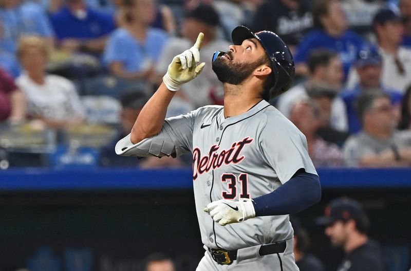 Sep 18, 2024; Kansas City, Missouri, USA;  Detroit Tigers left fielder Riley Greene (31) reacts after hitting a solo home run in the third inning against the Kansas City Royals at Kauffman Stadium. Mandatory Credit: Peter Aiken-Imagn Images