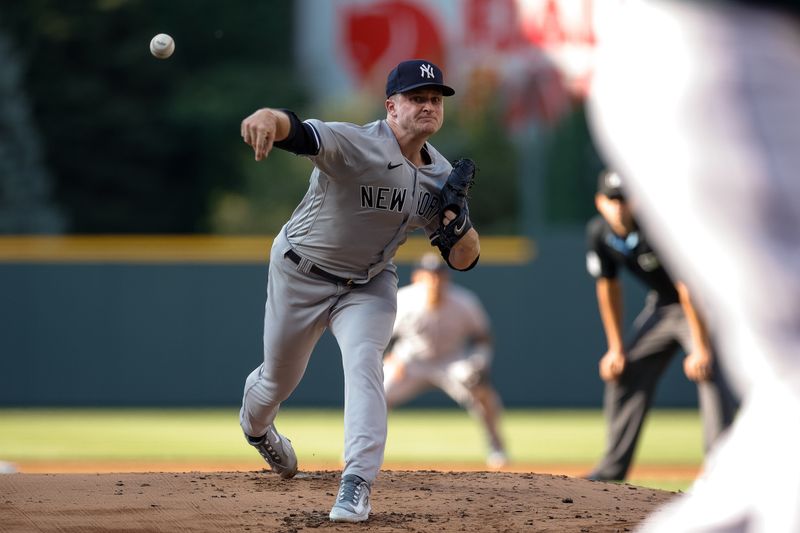 Jul 15, 2023; Denver, Colorado, USA; New York Yankees starting pitcher Clarke Schmidt (36) pitches in the first inning against the Colorado Rockies at Coors Field. Mandatory Credit: Isaiah J. Downing-USA TODAY Sports