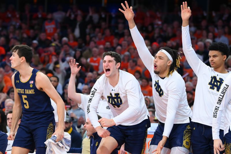 Jan 14, 2023; Syracuse, New York, USA; Notre Dame Fighting Irish players react to a made three-point basket from the bench against the Syracuse Orange during the second half at the JMA Wireless Dome. Mandatory Credit: Rich Barnes-USA TODAY Sports