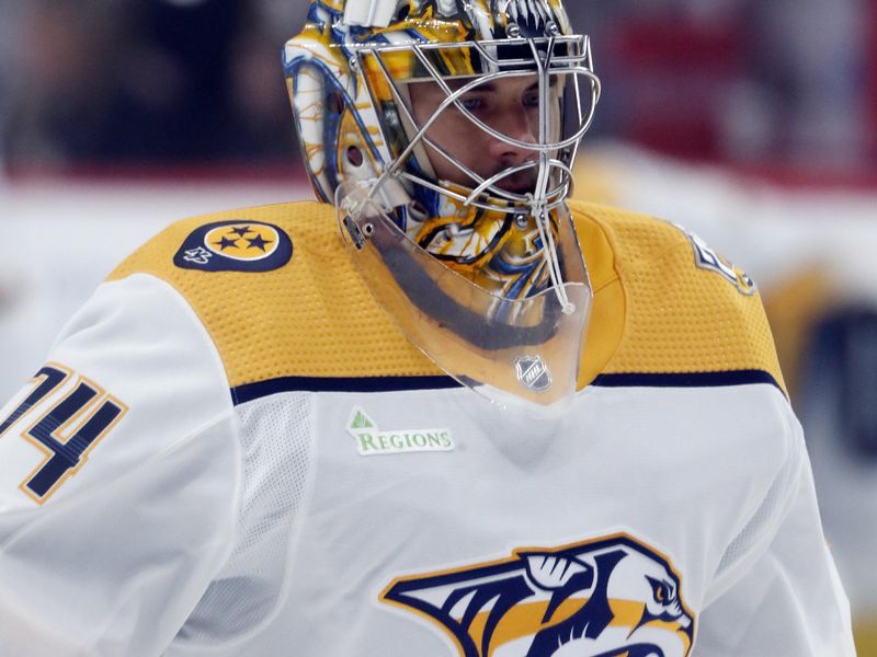 Apr 15, 2024; Pittsburgh, Pennsylvania, USA; Nashville Predators goaltender Juuse Saros (74) warms up before the game against he Pittsburgh Penguins at PPG Paints Arena. Mandatory Credit: Charles LeClaire-USA TODAY Sports