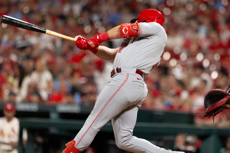 Sep 30, 2023; St. Louis, Missouri, USA; Cincinnati Reds first baseman Spencer Steer (7) hits a base hit against the St. Louis Cardinals in the eighth inning at Busch Stadium. Mandatory Credit: Zach Dalin-USA TODAY Sports