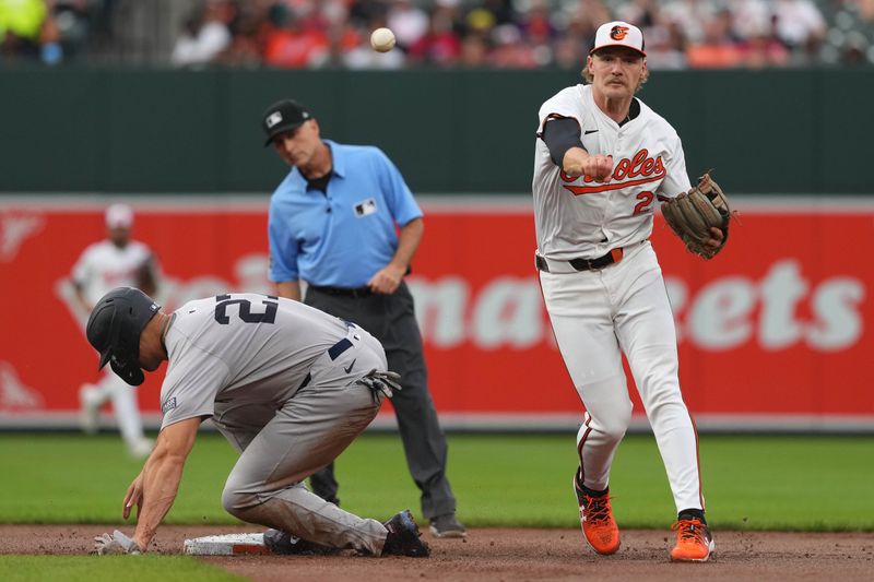 Apr 30, 2024; Baltimore, Maryland, USA; Baltimore Orioles shortstop Gunnar Henderson (2) forces out New York Yankees designated hitter Giancarlo Stanton (27) to start a second inning double at Oriole Park at Camden Yards. Mandatory Credit: Mitch Stringer-USA TODAY Sports