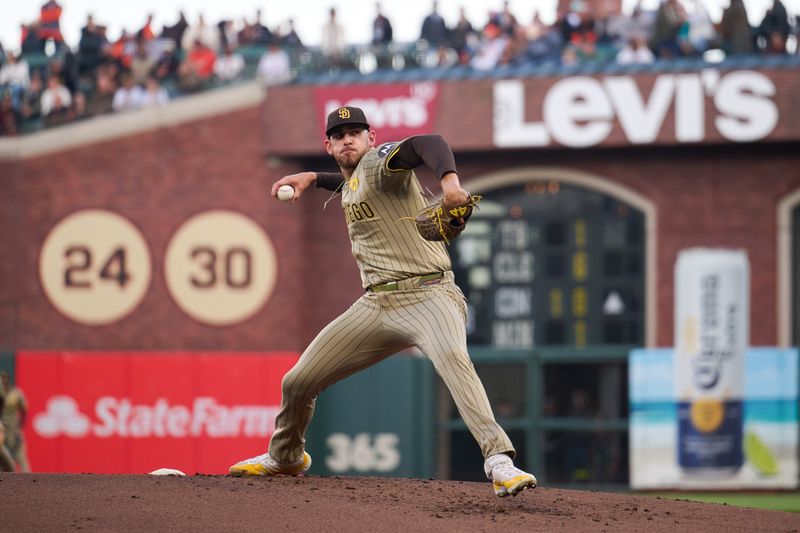 Sep 14, 2024; San Francisco, California, USA; San Diego Padres starting pitcher Joe Musgrove (44) throws a pitch against the San Francisco Giants during the first inning at Oracle Park. Mandatory Credit: Robert Edwards-Imagn Images