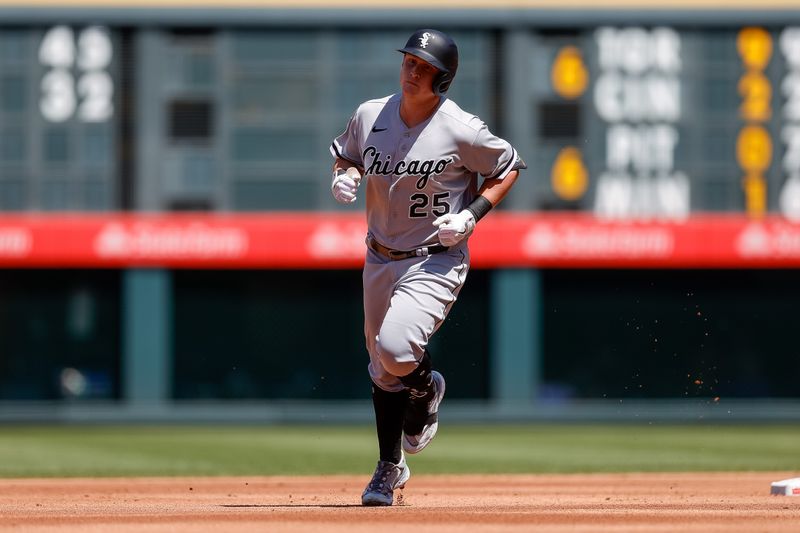 Aug 20, 2023; Denver, Colorado, USA; Chicago White Sox designated hitter Andrew Vaughn (25) rounds the bases on a solo home run in the second inning against the Colorado Rockies at Coors Field. Mandatory Credit: Isaiah J. Downing-USA TODAY Sports