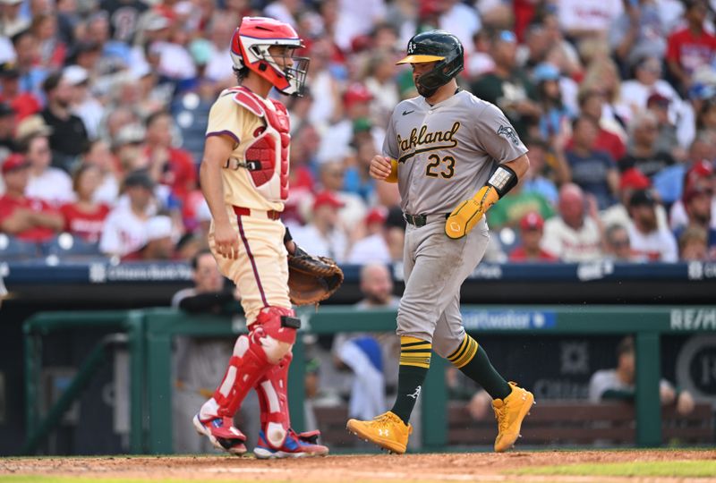 Jul 13, 2024; Philadelphia, Pennsylvania, USA; Oakland Athletics catcher Shea Langeliers (23) advances home to score against the Philadelphia Phillies in the seventh inning at Citizens Bank Park. Mandatory Credit: Kyle Ross-USA TODAY Sports
