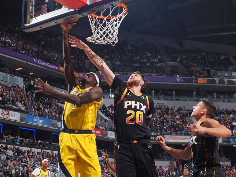 INDIANAPOLIS, IN - JANUARY 26: Pascal Siakam #43 of the Indiana Pacers drives to the basket during the game against the Phoenix Suns on January 26, 2024 at Gainbridge Fieldhouse in Indianapolis, Indiana. NOTE TO USER: User expressly acknowledges and agrees that, by downloading and or using this Photograph, user is consenting to the terms and conditions of the Getty Images License Agreement. Mandatory Copyright Notice: Copyright 2024 NBAE (Photo by Ron Hoskins/NBAE via Getty Images)