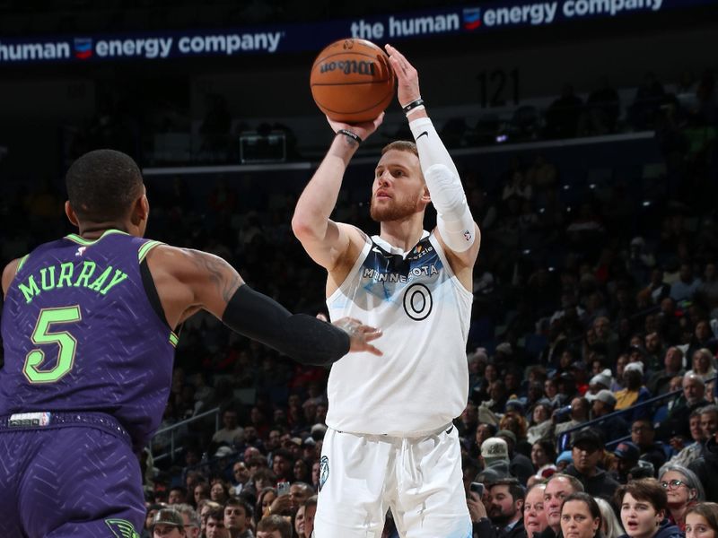 NEW ORLEANS, LA - JANUARY 7: Donte DiVincenzo #0 of the Minnesota Timberwolves three point basket during the game against the New Orleans Pelicans on January 7, 2025 at the Smoothie King Center in New Orleans, Louisiana. NOTE TO USER: User expressly acknowledges and agrees that, by downloading and or using this Photograph, user is consenting to the terms and conditions of the Getty Images License Agreement. Mandatory Copyright Notice: Copyright 2025 NBAE(Photo by Layne Murdoch Jr./NBAE via Getty Images)