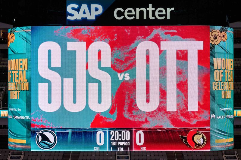 Mar 9, 2024; San Jose, California, USA; The SAP Center at San Jose video board before the game between the San Jose Sharks and the Ottawa Senators at SAP Center at San Jose. Mandatory Credit: Robert Edwards-USA TODAY Sports