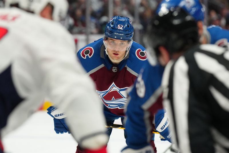 Jan 24, 2023; Denver, Colorado, USA; Colorado Avalanche left wing Artturi Lehkonen (62) during the second period against the Washington Capitals at Ball Arena. Mandatory Credit: Ron Chenoy-USA TODAY Sports