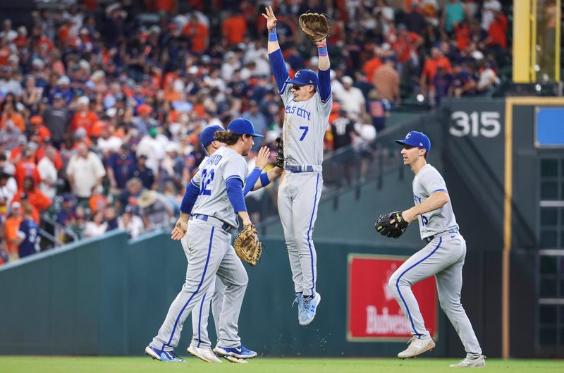 Sep 24, 2023; Houston, Texas, USA; Kansas City Royals shortstop Bobby Witt Jr. (7) celebrates with teammates after the game against the Houston Astros at Minute Maid Park. Mandatory Credit: Troy Taormina-USA TODAY Sports