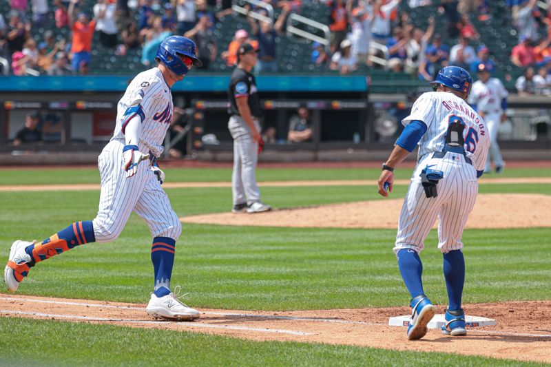 Aug 18, 2024; New York City, New York, USA; New York Mets left fielder Brandon Nimmo (9) rounds first base after hitting a solo home run during the sixth inning against the Miami Marlins at Citi Field. Mandatory Credit: Vincent Carchietta-USA TODAY Sports