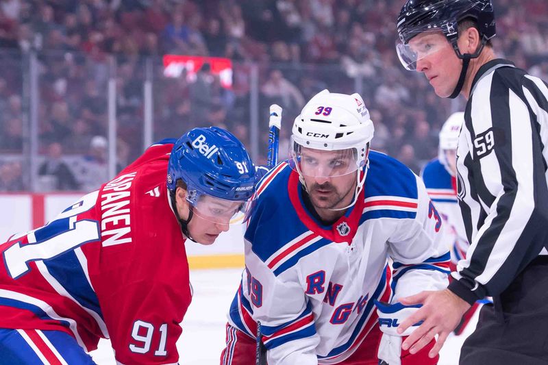 Oct 22, 2024; Ottawa, Ontario, CAN; Montreal Canadiens center Oliver Kapanen (91) faces off against New York Rangers center Sam Carrick (39) in the third period at the Bell Centre. Mandatory Credit: Marc DesRosiers-Imagn Images