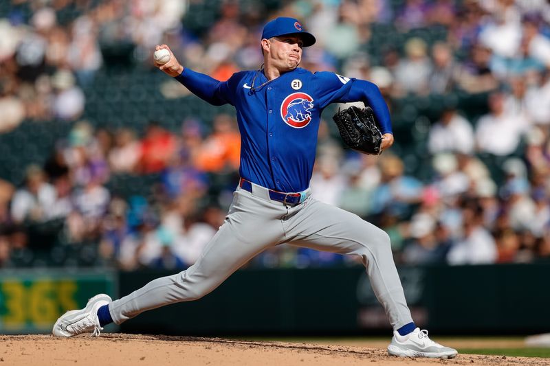 Sep 15, 2024; Denver, Colorado, USA; Chicago Cubs relief pitcher Keegan Thompson (71) pitches in the eighth inning against the Colorado Rockies at Coors Field. Mandatory Credit: Isaiah J. Downing-Imagn Images