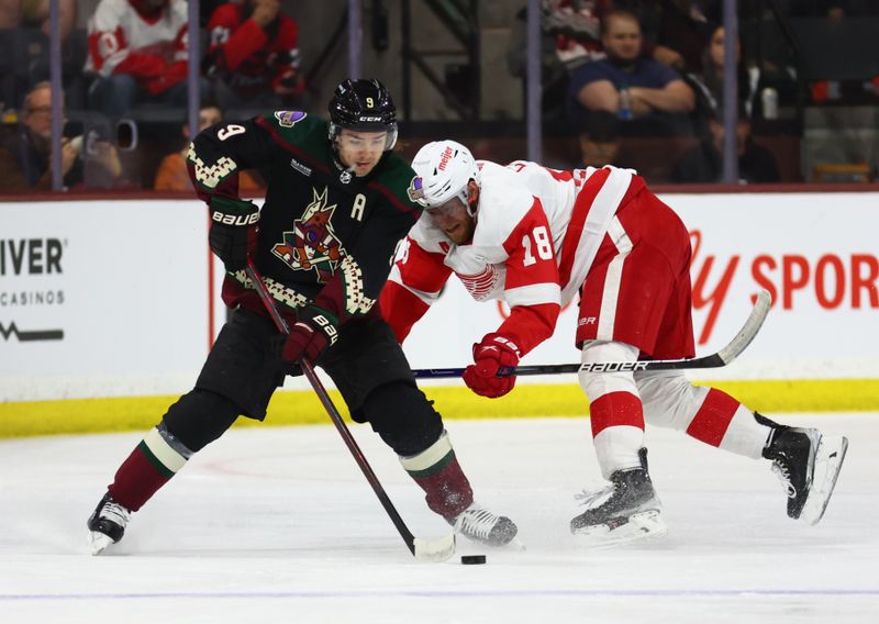 Jan 17, 2023; Tempe, Arizona, USA; Arizona Coyotes right wing Clayton Keller (9) moves the puck against Detroit Red Wings center Andrew Copp (18) in the first period at Mullett Arena. Mandatory Credit: Mark J. Rebilas-USA TODAY Sports
