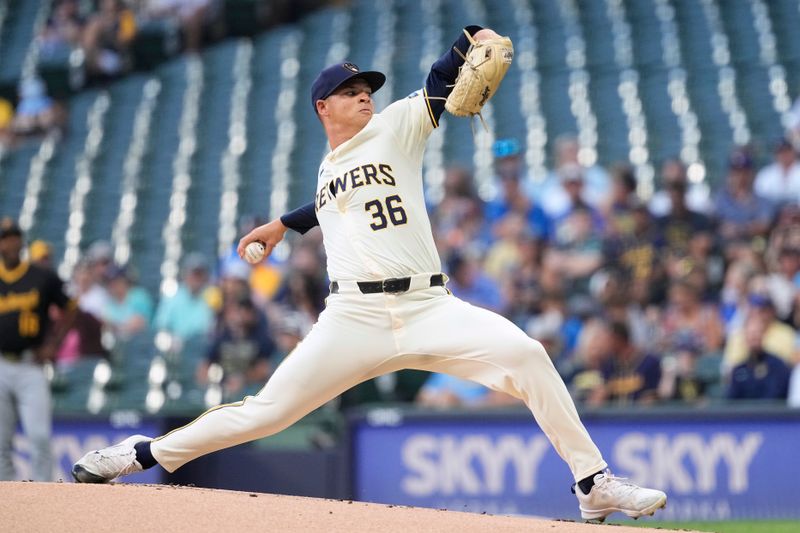 Jul 10, 2024; Milwaukee, Wisconsin, USA;  Milwaukee Brewers pitcher Tobias Myers (36) throws a pitch during the first inning against the Pittsburgh Pirates at American Family Field. Mandatory Credit: Jeff Hanisch-USA TODAY Sports