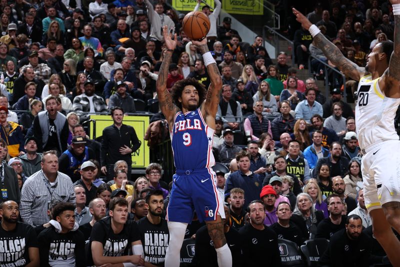 SALT LAKE CITY, UT - FEBRUARY 1: Kelly Oubre Jr. #9 of the Philadelphia 76ers shoots the ball during the game against the Utah Jazz on February 1, 2024 at Delta Center in Salt Lake City, Utah. NOTE TO USER: User expressly acknowledges and agrees that, by downloading and or using this Photograph, User is consenting to the terms and conditions of the Getty Images License Agreement. Mandatory Copyright Notice: Copyright 2024 NBAE (Photo by Melissa Majchrzak/NBAE via Getty Images)